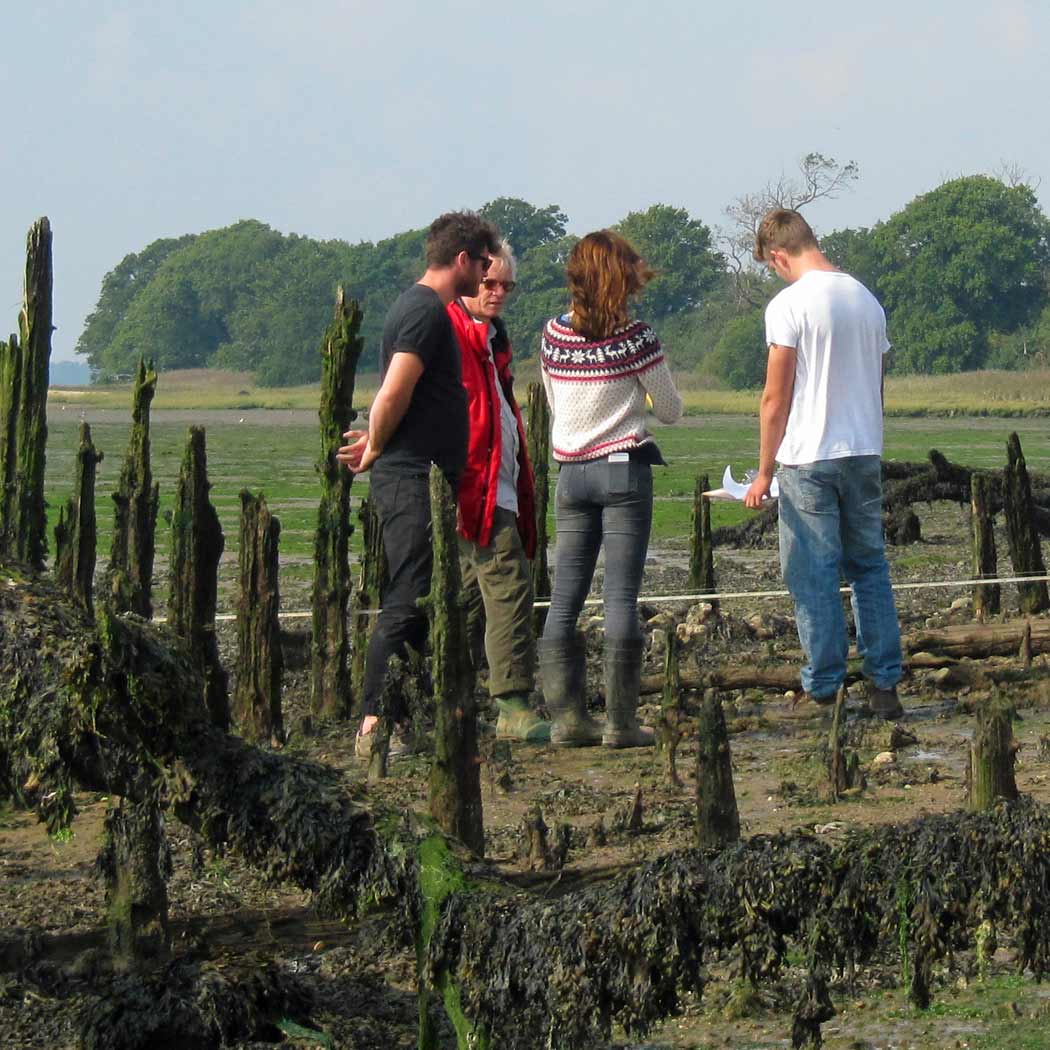 group of people looking at the ground in a coastal marsh.