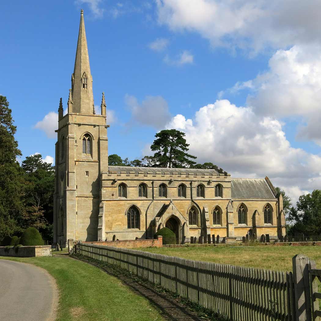 Mid size church with spire.