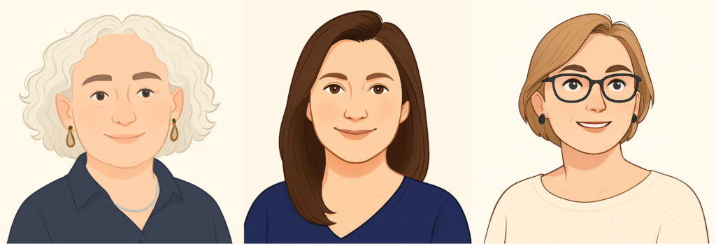 An illustration of the heads and shoulders of three white women, all looking towards.